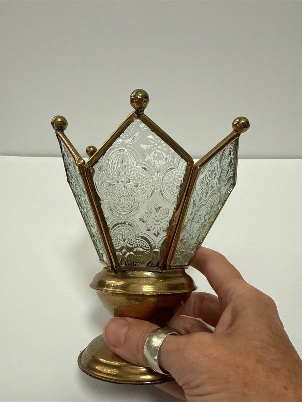 Vintage Crown Glass & Brass Decorative Votive Holder - Gold & Clear India fairy